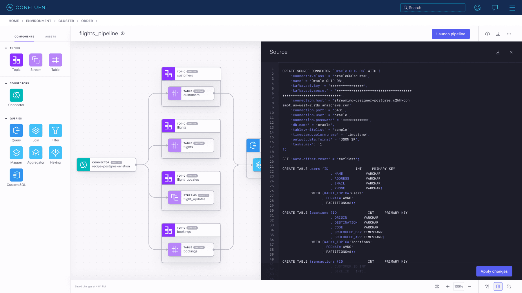 Stream Designer’s visual pipeline and SQL shown side by side