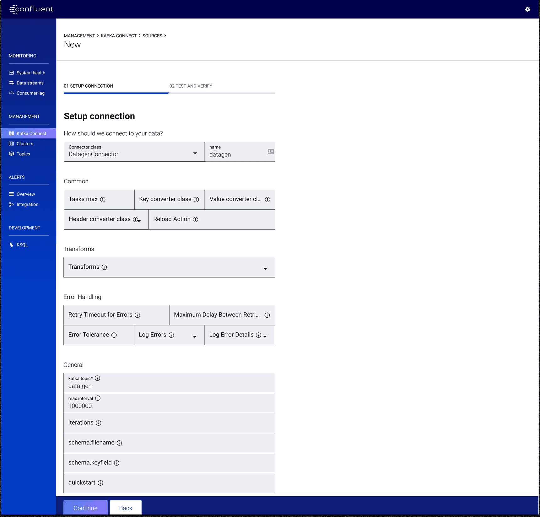 The original connector setup with a long list of configuration fields
