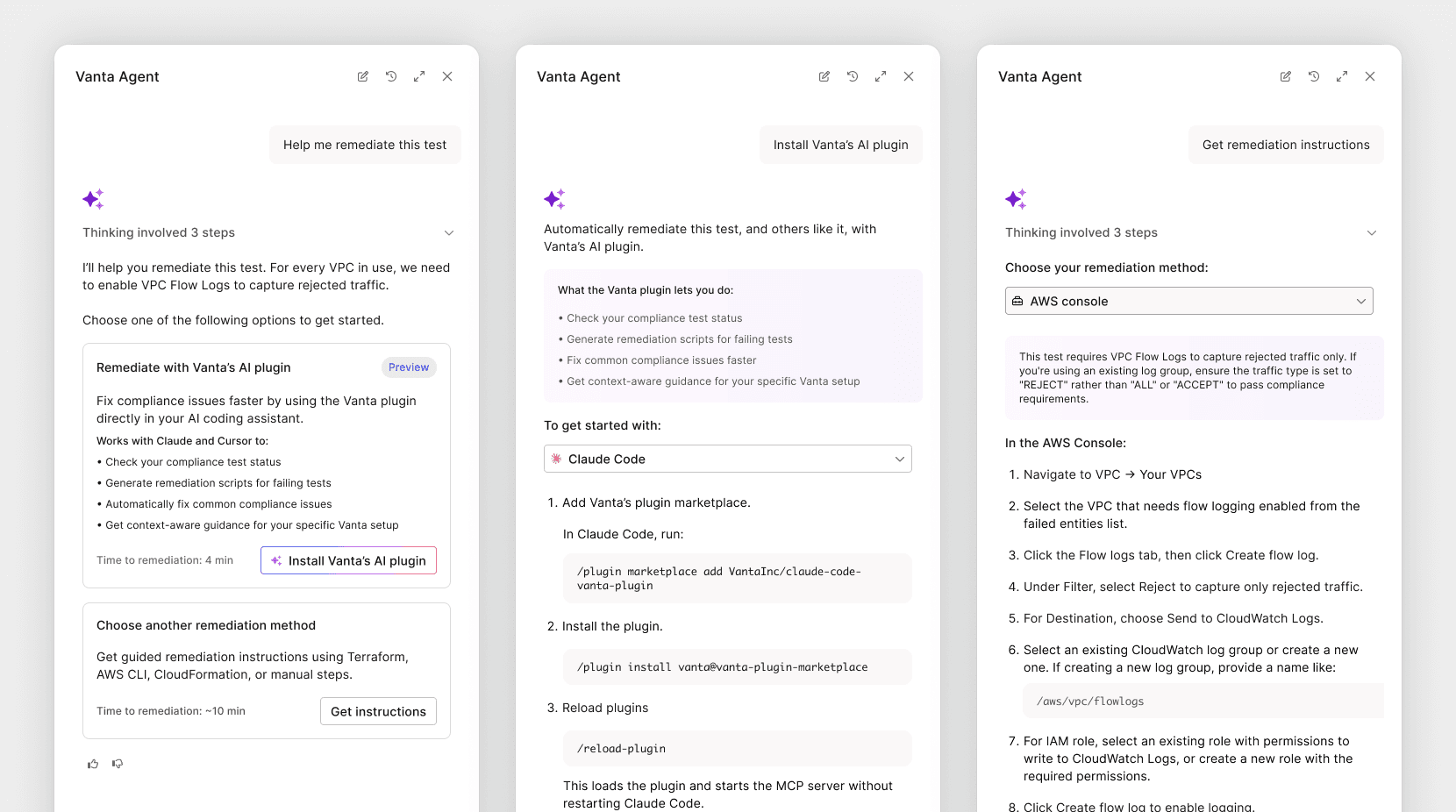 Three Vanta Agent panels showing remediation choices, plugin setup, and guided instructions