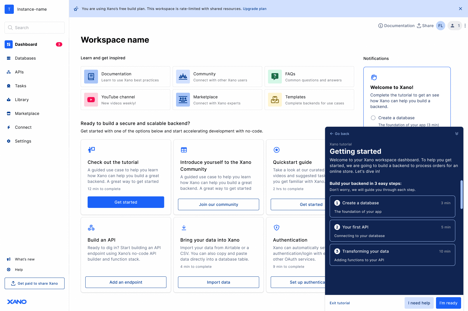 A quick-start checklist guiding users toward their first backend