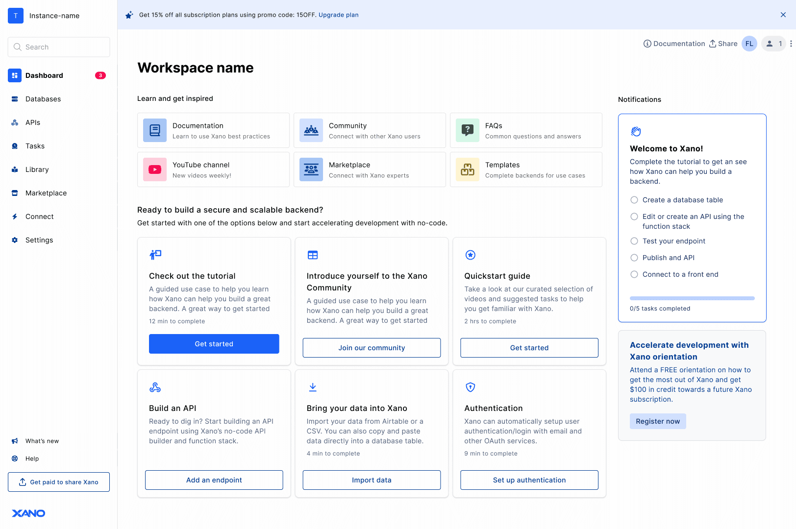 Xano’s first-use dashboard with guided tasks for creating a table and API