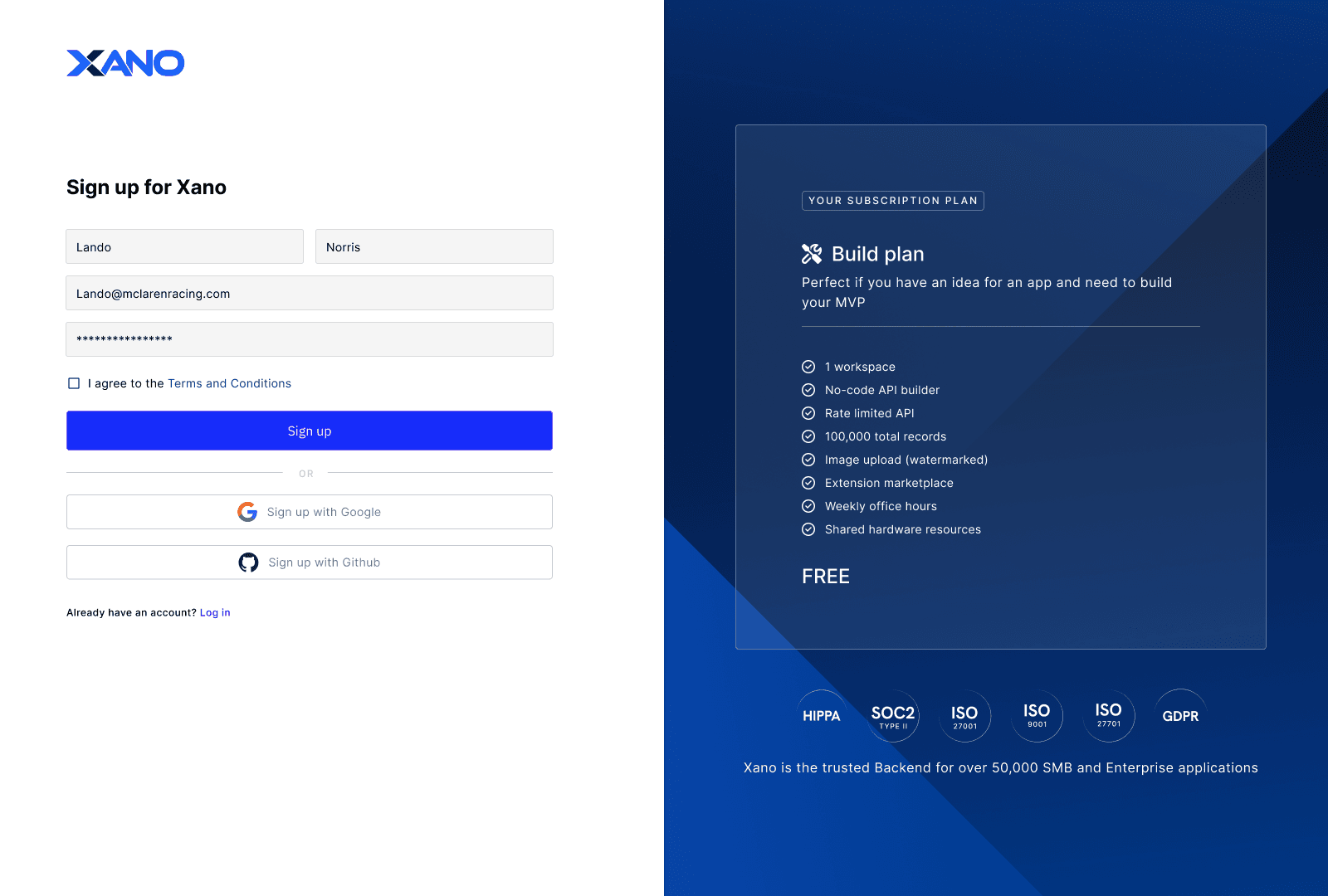 The earlier Xano signup experience alongside plan information