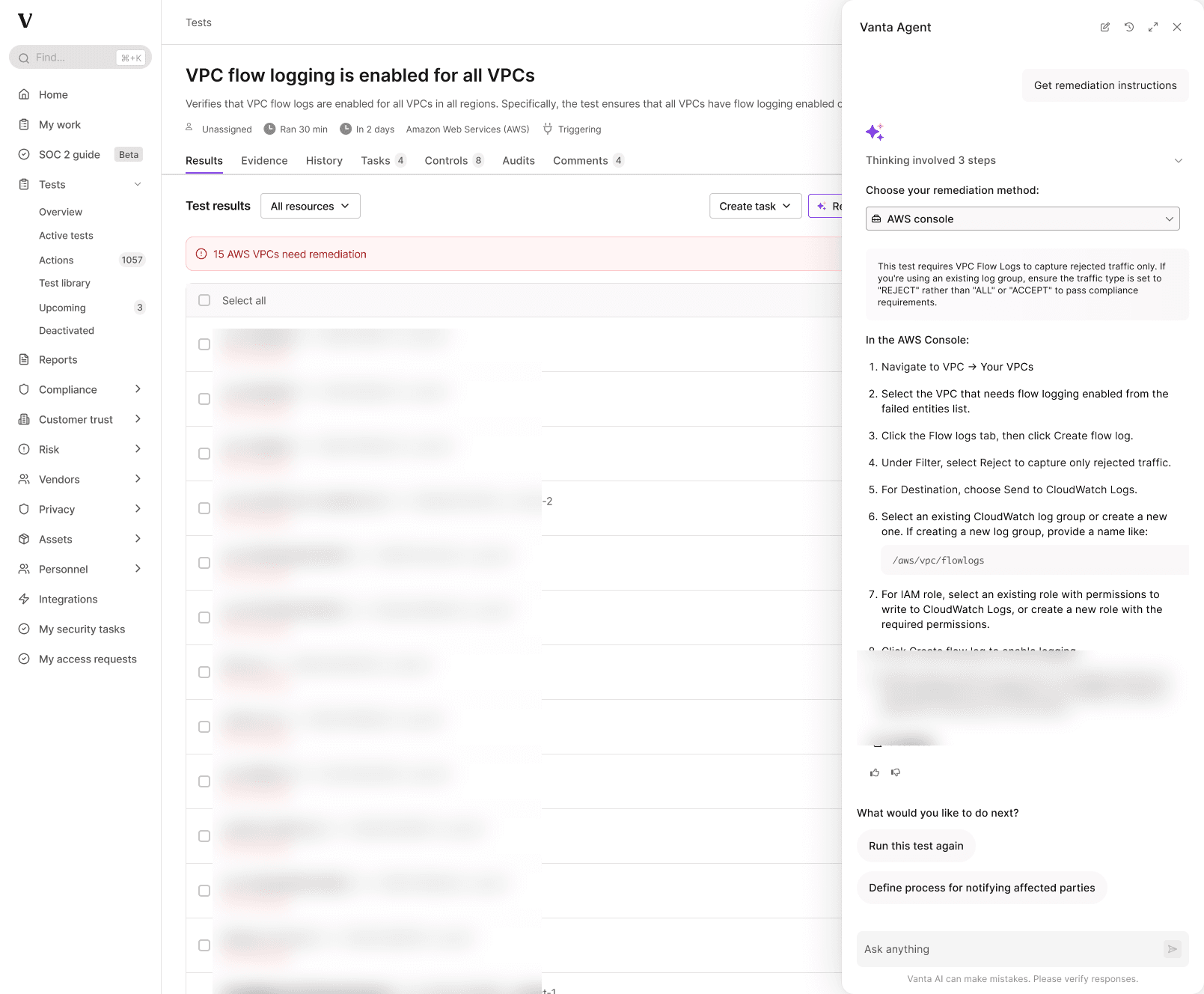 Tailored remediation instructions within Vanta Agent